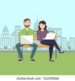 Man and woman sitting in the park and working with laptop. Flat modern illustration of social networking and texting to friends.