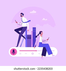 Man and woman sitting with phone choosing or listening podcasts in mobile app. Audio podcast. Concept of online podcasting, online radio show, flat vector illustration