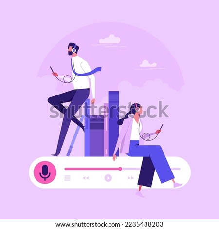 Man and woman sitting with phone choosing or listening podcasts in mobile app. Audio podcast. Concept of online podcasting, online radio show, flat vector illustration