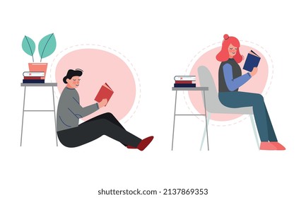 Man and Woman Sitting and Reading Interesting Book Vector Set
