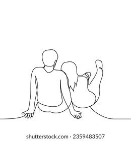 man and woman sitting and reclining on the floor - one line art vector. concept heterosexual couple hugging on the floor sitting with their backs to the viewer