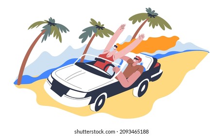 Hombre y mujer sentados y montados en auto con techo abierto, personaje masculino y femenino de vacaciones divirtiéndose. Los fines de semana de verano y la relajación en el campo tropical con mar y montañas. Vector en plano