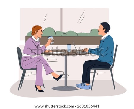 Man and woman sitting at a round table, chatting and working on laptop in a casual office or cafe setting, modern flat style, indoor background. Concept of teamwork. Vector illustration