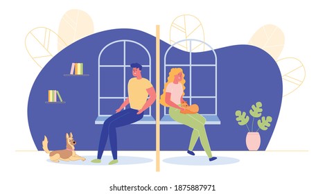 Man And Woman Sitting Separated With House Wall, Living Next Door But Never Meeting. Segregation And Loneliness, Neighbours Communication Difficulties In Metropolis. Flat Cartoon Vector Illustration.