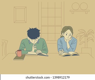 Man and woman sitting side by side in a cafe and reading a book. hand drawn style vector design illustrations. 