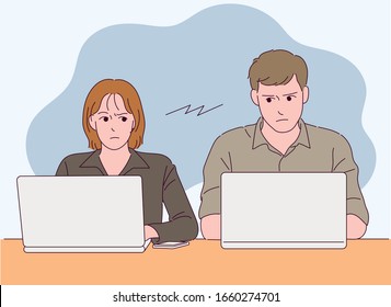 A man and a woman are sitting side by side in front of a laptop and staring at each other. hand drawn style vector design illustrations. 