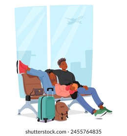 Man And Woman Sitting and Sleeping On Bench At An Airport Terminal. Male and Female Characters Find Comfort In The Recreation in the Waiting Area before the Flight. Cartoon People Vector Illustration