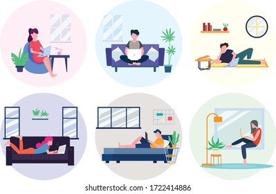 man or woman sitting in sofa with laptop working at home