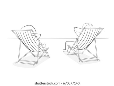 A man and a woman are sitting in the sun loungers. Hand drawn cartoon vector illustration for design and infographic.