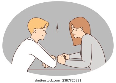 Man and woman sitting at table arguing. Mad furious female feel stressed fight with smiling male. Moods and view on life. Vector illustration. 