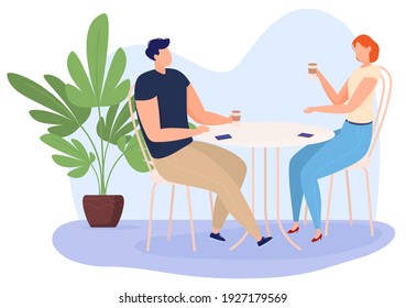 Man and woman sitting at a table in a cafe. Couple in love drinking coffee. Vector illustration in cartoon style