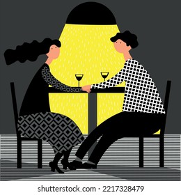 A man and a woman are sitting at a table in a cafe, brightly illuminated by the light from a lamp
