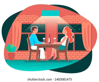 A man and a woman are sitting at a table in a cozy cafe and drinking red wine. Romantic setting. Outside the windows there is a night sky with stars. Vector illustration.