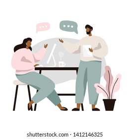 Man and woman sitting at table and discussing ideas, exchanging information, solving problems. Brainstorm or discussion. Teamwork. Vector illustration in flat style.