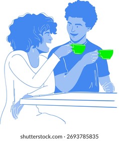 Ein Mann und eine Frau sitzen an einem Tisch und trinken Kaffee. Vektorgrafik.