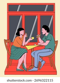 Un hombre y una mujer están sentados en una mesa y bebiendo café. Ilustración vectorial.