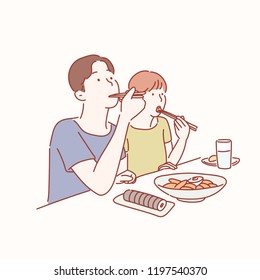 A man and a woman are sitting at a table and are eating Korean food with chopsticks. hand drawn style vector design illustrations.