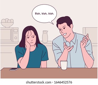 A man and a woman are sitting at a table. Kitchen background. The man is talking and the woman is bored. hand drawing style illustration.