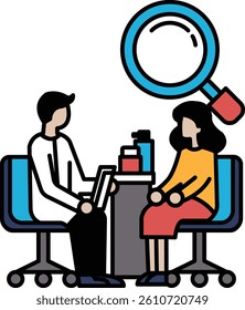 A man and a woman are sitting at a table with a magnifying glass in the background. The man is holding a book and the woman is holding a bottle. The scene suggests a conversation between the two