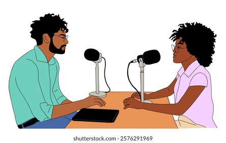 Man and woman sitting at table with microphones recording audio podcast or online show. Radio host interviewing guest, mass media broadcasting. Colorful flat vector illustration isolated on white