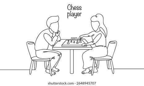 A man and a woman are sitting at a table playing chess. An intellectual game that requires strategic thinking, logic and concentration. Vector illustration.