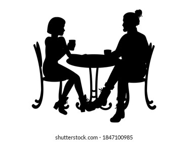 Man and woman sitting at a table silhouette. People in a restaurant. Couple, Girl and boy sitting in a cafe or cafeteria. Vector illustration.