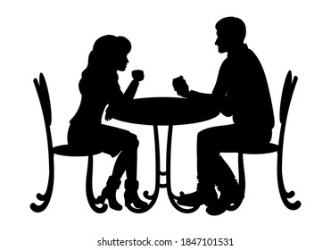 Man and woman sitting at a table silhouette. People in a restaurant. Couple, Girl and boy sitting in a cafe or cafeteria. Vector illustration.