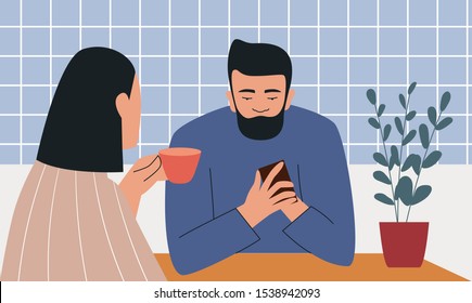 Man and woman sitting at table. Man staring at her phone, ignoring woman. Concept of distant relationship, ignorance. Flat vector illustration