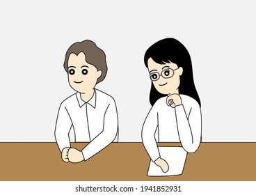 Man and woman sitting at the table and study in classroom. Vector illustration.