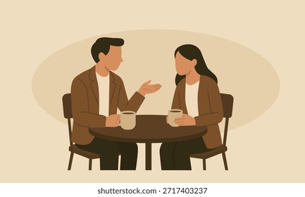 Man and woman sitting at table and talking while drinking coffee. Cozy flat illustration of casual conversation in warm neutral colors and minimal modern style.
