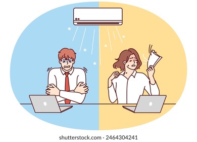 Man and woman sitting at table under air conditioner experience discomfort due to different perceptions of climate. Using office air conditioner to keep warm in winter or cool in summer climates