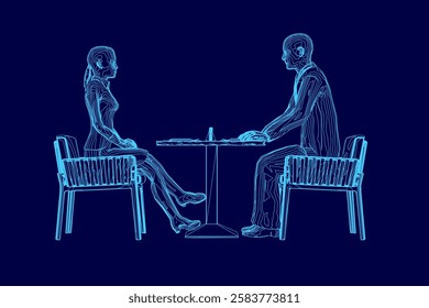 A man and a woman are sitting at a table. The man is wearing a suit and tie. Scene is formal and professional