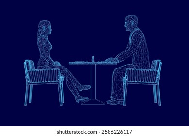 A man and a woman are sitting at a table. The man is wearing a suit and tie. Side view