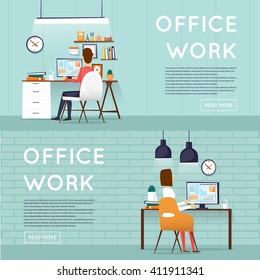 Man And Woman Sitting At The Table And Working On The Computer. Business, Office Work, Workplace. Flat Design Vector Illustration.