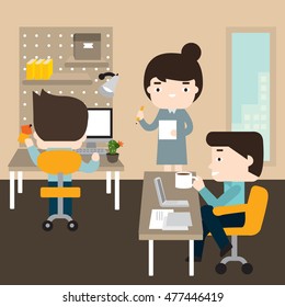 Man and woman sitting at the table and working on the computer. Business, office work, workplace. Flat design vector illustration.
