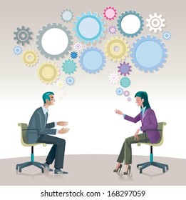 A man and a woman sitting  talk to each other openly and creatively. Among the gears seem flowing good ideas.