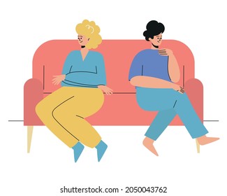 A man and a woman are sitting with their backs to each other.The couple quarreled, offended, insulted man. A couple of friends don't talk to each other. A man and a woman are sitting apart on the sofa