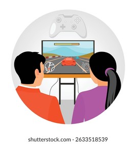 A man and a woman are sitting together enjoying a racing video game at home, seen from behind and close to the screen. Men and women playing game together.