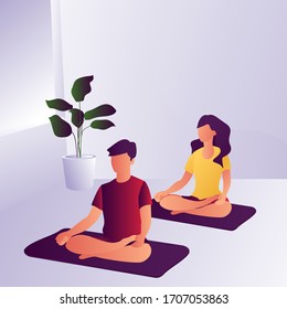 man and woman sitting together in the lotus position, they are practicing mindfulness meditation and yoga, healthy lifestyle and spirituality concept. people doing yoga together.