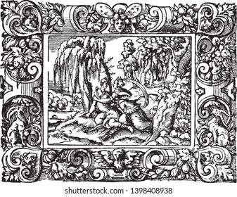A man and woman sitting under tree and another woman looking at them, vintage line drawing or engraving illustration