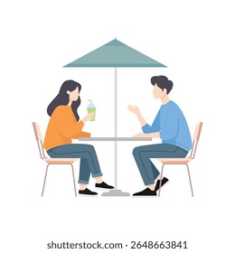Man and woman sitting under umbrella having conversation