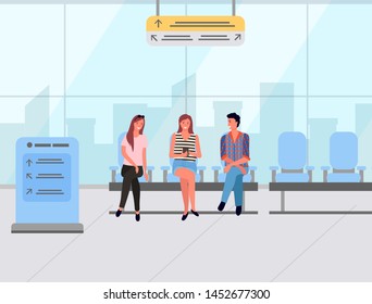 Man and woman sitting in waiting hall, travelers in airport. Smiling people in casual clothes sitting in terminal, passenger male and female indoor vector