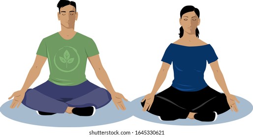Man and woman sitting in yoga pose meditating, EPS 8 vector illustration