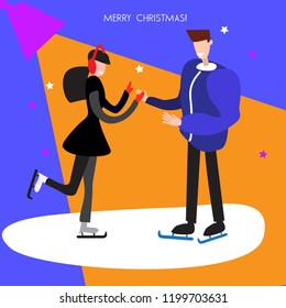 Man and woman skating. Christmas vector background