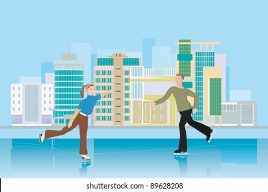 A man and a woman skating. City rink. People skating.