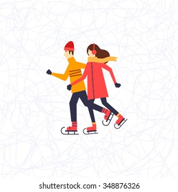 Man and a woman skating. Flat style vector illustration