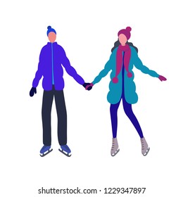 Man and woman skating on ice rink, happy active people on winter holidays, flat design retro style vector illustration, isolated on white background. Young couple wearing coat, jacket, holding hands.