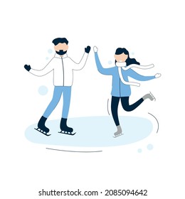 Man and woman skating on ice. Winter activity. Flat illustration