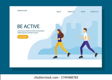 Man and woman skating on roller skates in the Park. Vector illustration for an active lifestyle, training or marathon. Landing page template.