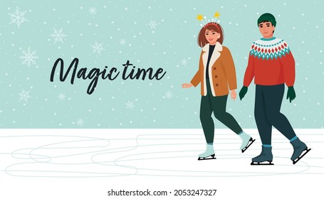 Man and woman skating together, happy couple. Winter activities, winter fun, magic time. Vector illustration in flat style